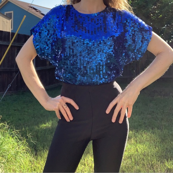 Vintage 80s blue Sequin Blouse - Picture 2 of 9